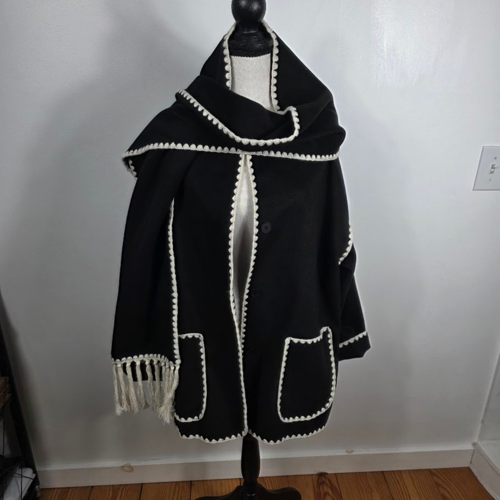 Boutique Black Cream Trim Crochet 2 Piece Set Cardigan Jacket Women XL